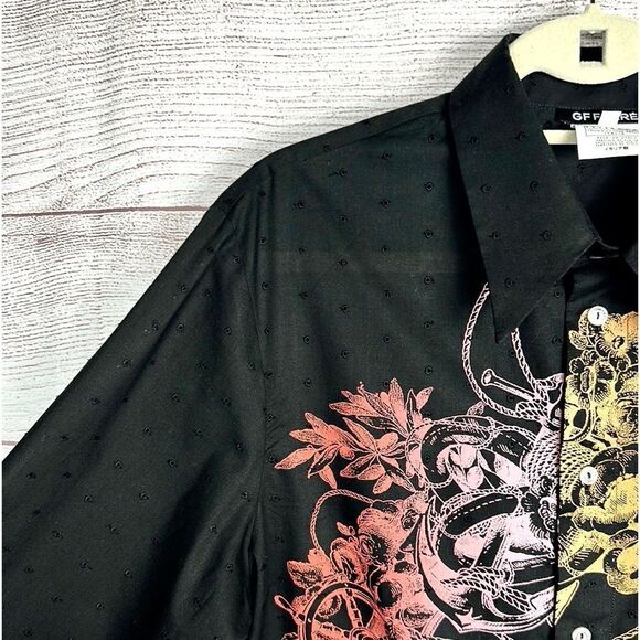 GF FERRE Vintage Printed Embroidered Black Button Up Shirt Eyelet Slim Fit M-L - Picture 4 of 14
